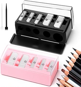 Paquete de 2 sacapuntas cosméticos de punta larga de 5 agujeros, sacapuntas de maquillaje con tapa de plástico, herramientas manuales cosméticas para delineador de ojos, cejas y labios (negro, rosa)