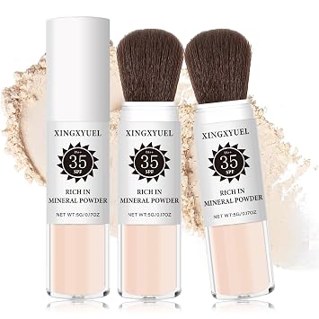 2 unidades de polvo de ajuste de protector solar mineral para cara y cuero cabelludo, SPF 35 polvo mineral cepillo protector solar control de aceite acabado mate de larga duración ligero