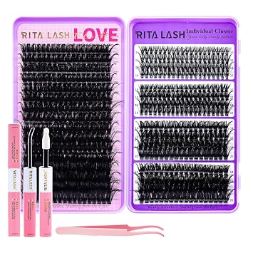 RITALASH Lash Clusters Kit Wispy Lashes Clusters Kit D Curl Eyelash Clusters 5 Styles Eyelashes Cluster Lashes Soft Cluster Eyelash Extensions+Lash Bond&Seal,Tweezers(120D+40D+60D+80D+100D Lash Kit)