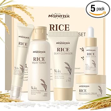 Juego de 5 piezas de cuidado de la piel de arroz, juego coreano de cuidado de la piel para mujeres, adolescentes y niñas, limpiador de arroz, suero de tóner para la cara, crema para ojos, crema