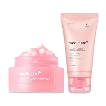 medicube PDRN Pink Shimmer Duo: Crema de cápsula de colágeno rosa de ADN de salmón y PDRN Caffiene mascarilla facial para envolver durante la noche