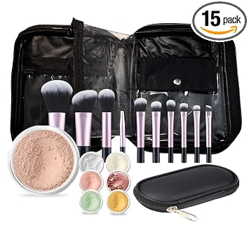 Kit de inicio de 15 piezas con pinceles y estuche (bronceado ligero) Base de maquillaje mineral Blush Bronzer velo iluminador Set piel desnuda mate polvo