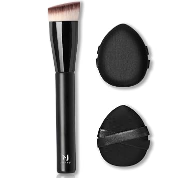 Brocha de base Kabuki con parte superior plana en ángulo con 2 esponjas de maquillaje, cerdas sintéticas densas de cabeza inclinada de 15° para base líquida, maquillaje en crema y polvo, base de mezcla suave para aplicación de maquillaje