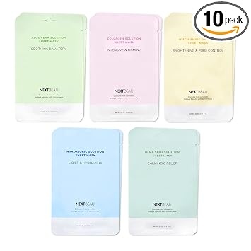 NEXTBEAU Solution Sheet - Paquete variado de mascarillas (10 unidades (5 tipos x 2 hojas), 0.74 onzas líquidas cada una, mascarillas faciales coreanas para el cuidado diario de la piel