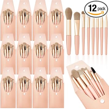 Tioncy Juego de 12 brochas de maquillaje de viaje, bolsa de pinceles a granel, regalo de dama de honor, mini cepillo de fibra sintética para mujeres, niñas, bodas, despedidas de soltera, regalo de despedida de soltera (marrón)