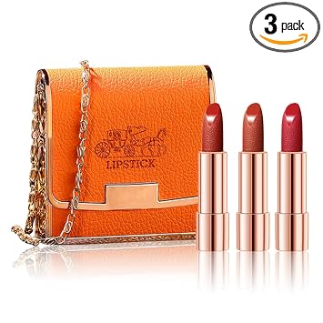 Newvenper Juego de lápices labiales mate de 3 colores con bolsa de cadena naranja, paquete de lápiz labial de terciopelo, taza antiadherente impermeable de larga duración, retráctil, juego de lápices