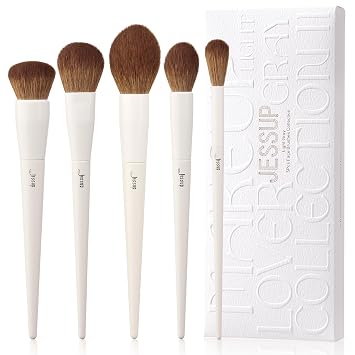 Jessup Juego de Brochas de Maquillaje de 5 Piezas Brochas de Maquillaje Facial Veganas Suaves Brocha de Base Brocha de Rubor Brocha de Bronceador Brocha de Contorno Brocha Iluminadora Brocha Esponjosa