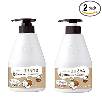 Kwailnara WELCOS Loción corporal de leche de coco y jabón corporal – Juego de cuidado de la piel coreano profundamente hidratante y refrescante con extracto de coco, 560g / 19.75oz cada uno
