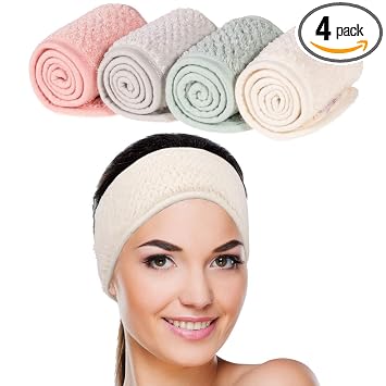 Whaline Paquete de 4 diademas faciales de spa, verde guisante, rosa, beige
