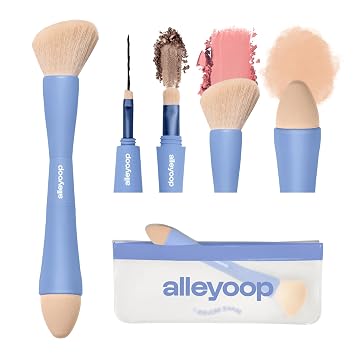 Alleyoop Multi-Tasker 4 en 1 Juego de brochas de maquillaje de viaje, esponja de rubor
