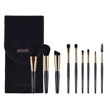 Juego de brochas de maquillaje con estuche, negro y dorado, 9 brochas profesionales con bolsa de cierre magnético