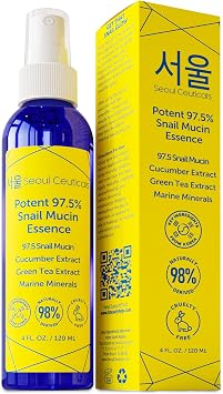 SeoulCeuticals Bruma Facial Coreana 97.5% Esencia de Mucina de Caracol - K Beauty Cuidado de la Piel - Extracto de Pepino + Minerales Marinos + Té Verde + Aloe 4oz