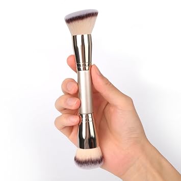 Brocha de base de doble punta: Brochas de maquillaje redondas y anguladas, cepillo de maquillaje sintético 100% vegano para mezcla impecable y aplicación de líquido, polvo, crema, rubor