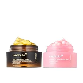 medicube Piel desigual y duo firma: crema hidratante facial de cápsulas doradas de vitamina C profunda y crema de cápsula de colágeno rosa PDRN de ADN de salmón