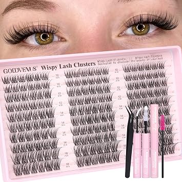Goddvenus Wispy - Kit de racimos de pestañas naturales similares a rímel, pestañas en racimo de extensiones de pestañas de 0.35 a 0.63 pulgadas, pestañas postizas individuales, kit de extensión de pestañas rizadas en C para bricolaje