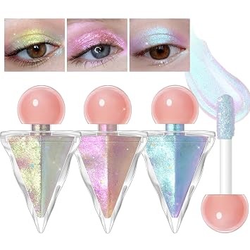 Noerrors Juego de 3 sombras de ojos holográficas con purpurina líquida, color dorado champán, sirena, rosa, azul, duocromo, mitad mágica, brillante, impermeable, multicolor, iluminador de ojos