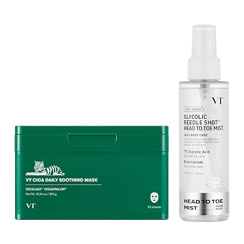 VT COSMETICS CICA - Mascarilla calmante diaria, 30 hojas y 7% de ácido glicólico Reedle Shot de cabeza a pies en niebla