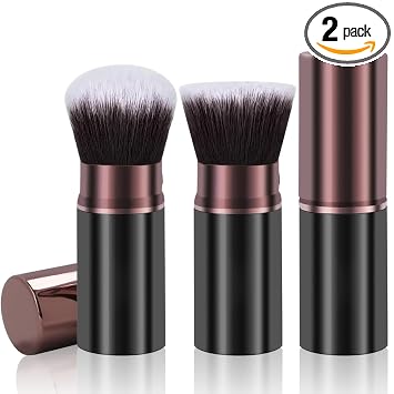 Keriloo Cepillos de maquillaje, paquete de 2 cepillos retráctiles de Kabuki para viajar, cepillos de polvo facial, cepillos de base de maquillaje para mezclar líquido, colorete, bronceador, pulido
