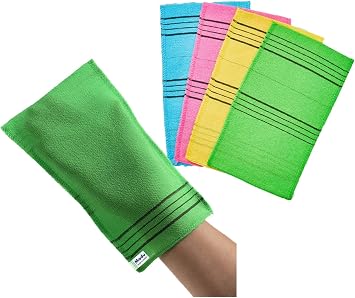 Modu Guantes exfoliantes coreanos grandes, 4 unidades (verde, amarillo, azul cielo, rosa) – Guantes exfoliantes exfoliador corporal toalla italiana paño de lavado para spa coreano en casa, removedor