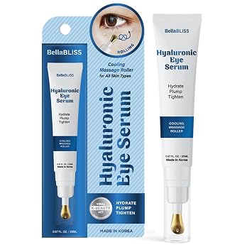 Bella Bliss Suero para debajo de los ojos con ácido hialurónico – Rodillo hidratante y deshinchante para ojeras y líneas finas – Dermatológicamente probado, cuidado de la piel coreano antienvejecimiento, vegano, belleza limpia, 0.67 onzas líquidas