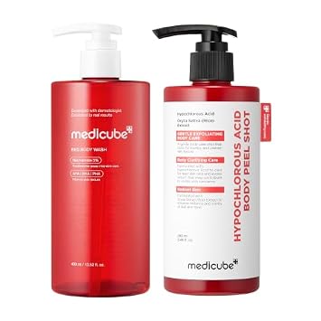 medicube Clear Body Essentials Duo: Gel de baño rojo y HOCI Body Peel Shot