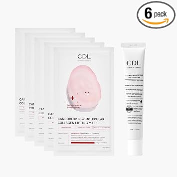 CANDORLOV CDL Korean Collagen Duo - Mascarilla de Hidrogel de Colágeno Coreano para Lifting Facial (5 Hojas) + Crema Hidratante de Brillo Vítreo de Colágeno - Anti-Envejecimiento, Reafirmante y