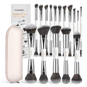 MAANGE 16pcs Double Ended Makeup Brush Set with Travel Case, Silver