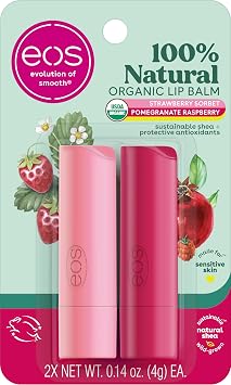 eos Bálsamo labial 100% natural, sorbete de fresa y granada, frambuesa, humedad durante todo el día, productos para el cuidado de los labios, 0.14 onzas, paquete de 2