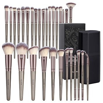 MAANGE Juego de 30 brochas de maquillaje profesional con estuche, pinceles sintéticos de primera calidad para base, polvo, rubor, sombra de ojos y mezcla, champán
