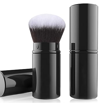 Falliny Brocha de maquillaje kabuki retráctil, brocha de viaje para colorete facial, brocha portátil de polvo de base, protector solar con cubierta para colorete, bronceador, pulido, iluminador