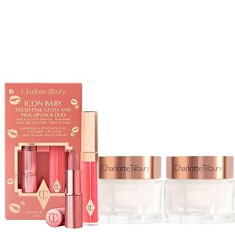 Charlotte Tilbury Magic Cream Duo with Icon Baby Lip Set – 2 hidratantes peptídicos con efecto reafirmante de 1.01 fl oz + mini lápiz labial y brillo de tamaño completo – set de regalo de cuidado de
