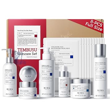 NING DERMOLOGIE - Juego de cuidado de la piel: 8 pasos Tembusu Essence Kit de cuidado de la piel, limpiador, hidratante, antienvejecimiento, juegos de regalo para mujeres