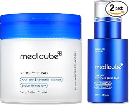 medicube Almohadillas Tonificantes Diarias con Exosoma 2000 para el Cuidado de los Poros: medicube Almohadillas Zero Pore 2.0 y Suero Facial Zero Exosome Shot 2,000 PPM Espícula
