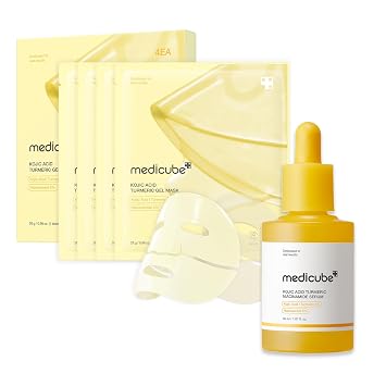 medicube Dúo de equilibrio y calma de ácido kójico para pieles problemáticas: Máscara de gel de gelatina dorada iluminadora de ácido kójico y suero de cápsula aclarante y equilibrante de cúrcuma de ácido kójico