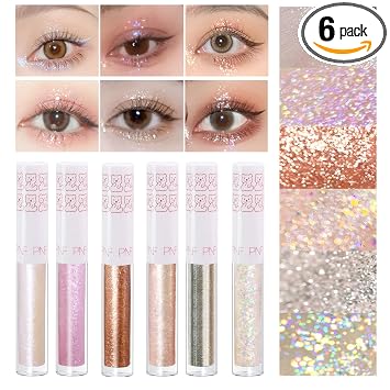6 piezas de delineador de ojos con purpurina líquida, maquillaje coreano, sombra de ojos brillo bajo, maquillaje de ojos brillante para San Valentín, larga duración, secado rápido y purpurina suelta