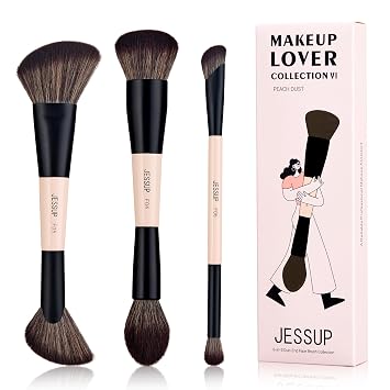 Jessup Juego de brochas de maquillaje facial de 3 piezas con doble punta, juego de brochas de maquillaje premium sintético para base, contorno, rubor, iluminador y polvo, brochas de maquillaje de alta