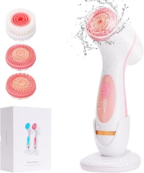 Cepillo de limpieza facial, exfoliante facial impermeable de doble rotación con 3 cabezales de cepillo y 2 velocidades ajustables, cepillos faciales exfoliantes recargables para limpieza y cuidado de la piel (rosa)