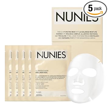 NUNIES Mascarilla hidratante hialurónica en lámina, mascarilla facial coreana hidratante para piel seca y sensible | Trehalosa, alantoína y pantenol | Esencia de agua | Cuidado de la piel coreano |