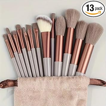 13 Piece Makeup Brushes Face and Eye Brush Set Foundation Powder Concealers Eye shadows Blush Makeup Brushes with Storage bag-Brown