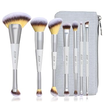 Jessup Juego de 7 brochas de maquillaje de doble extremo con estuche para