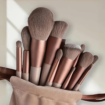 Makeup Brush Set 13 Pcs Premium Synthetic Foundation Powder Concealers Eye shadows Blush Makeup Brushes with Brown case