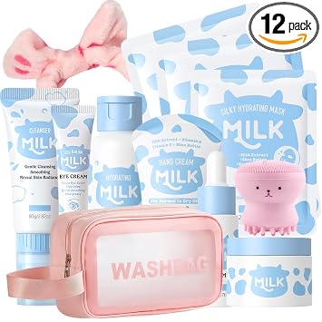 Set de cuidado de la piel de leche para niños y adolescentes, 12 en 1 leche hidratante para niñas de 10 a 12 años, cuidado de la piel para niños de 8 a 12 años, regalos de cumpleaños para niñas adolescentes, kit de cuidado facial, cuidado de la piel corean