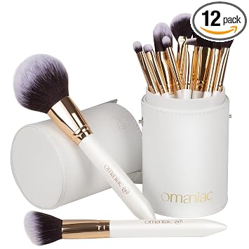 OMANIAC Juego de brochas de maquillaje profesional, 12 brochas de maquillaje con mango de madera nacarada, pelo de fibra sintética sin crueldad animal, juego de brochas de maquillaje de viaje con estuche (blanco).