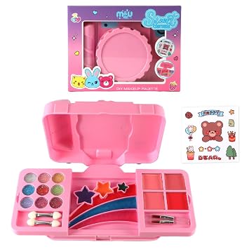 M&U MAKE YOU UP Paleta de maquillaje para cámara, 14 piezas de brillo de labios para niñas, sabores afrutados no tóxicos, kit de maquillaje con diseño de oso feliz, recuerdos de fiesta y regalo de
