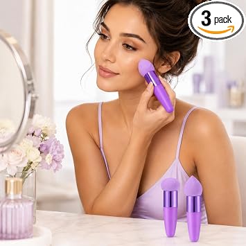 3 Pcs Makeup Sponge Applicator Set, Make Up Sponges for Foundation Sponges, Cosmetic Makeup Brush and Sponge Set, Eyes Sticks Powder Puff with Handle(Purple)
