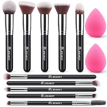 BEAKEY Juego de brochas de maquillaje con 2 esponjas de mezcla, 10 pinceles