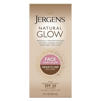 Jergens Hidratante facial con brillo natural sin aceite SPF 20, tono de piel medio a tostado, protector solar facial diario de 2 onzas, con protección de amplio espectro en UVA y UVB