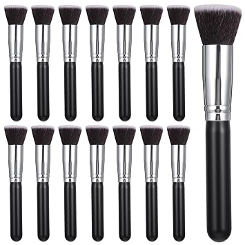 Juego de 15 brochas de maquillaje, base plana sintética para líquido, crema, polvo, mezcla, pulido, rubor, corrector, kit de brochas de cosméticos negros