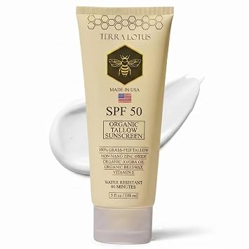 Protector solar mineral de sarga orgánica - 50 SPF - Para cara y cuerpo - Con 100% de sarga alimentada con pasto y sin nano óxido de zinc seguro para arrecifes - (5 onzas)