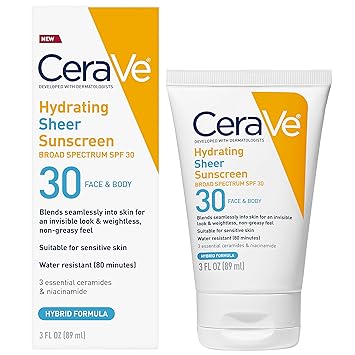 CeraVe Protector solar hidratante ligero con SPF 30 para rostro y cuerpo, protector solar mineral y químico para hombres y mujeres con óxido de zinc, ácido hialurónico y ceramidas, sin parabenos + sin